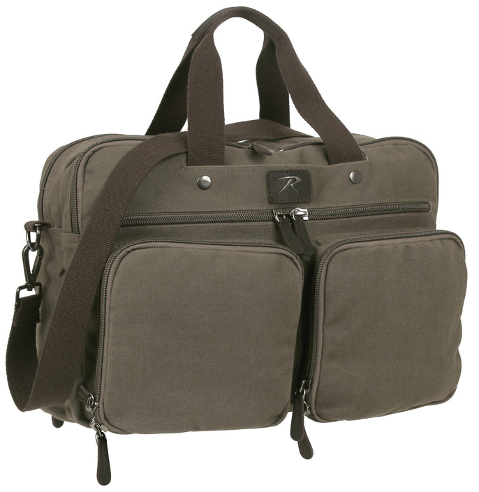Rothco’s convertible laptop briefcase computer backpack, front view in the briefcase/shoulder bag configuration (closed) showing the two outer zippered accessory compartments, the outer zippered folio pocket, two main compartments, carry handles, shoulder strap and leather accents.