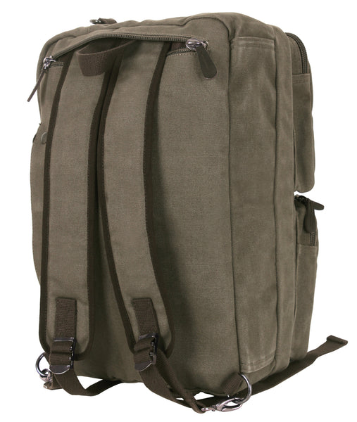 Rothco’s convertible laptop briefcase computer backpack, rear view in the backpack configuration (closed) showing the hideaway back straps in the deployed configuration.