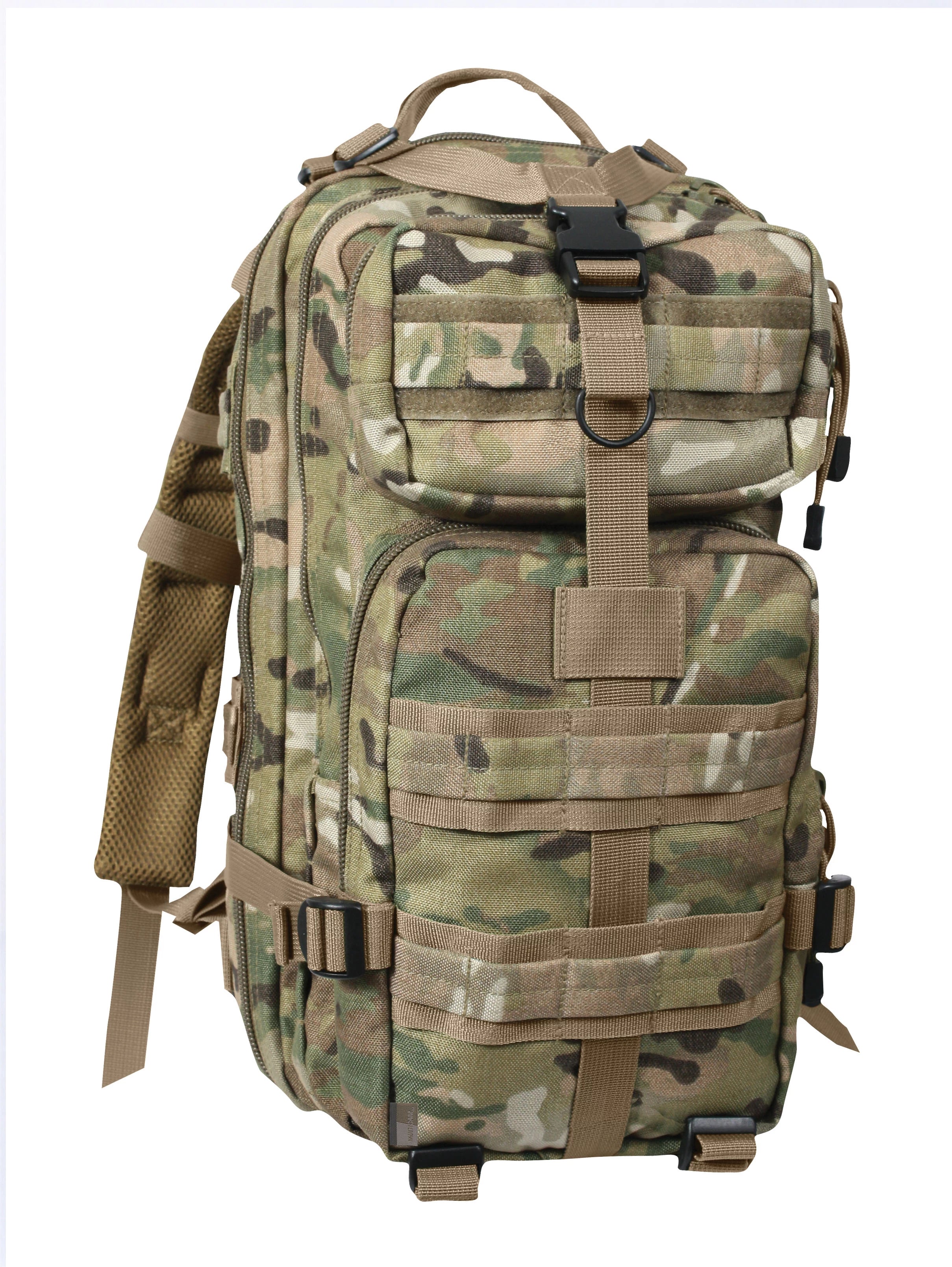 Camouflage backpack with multiple straps on a white background