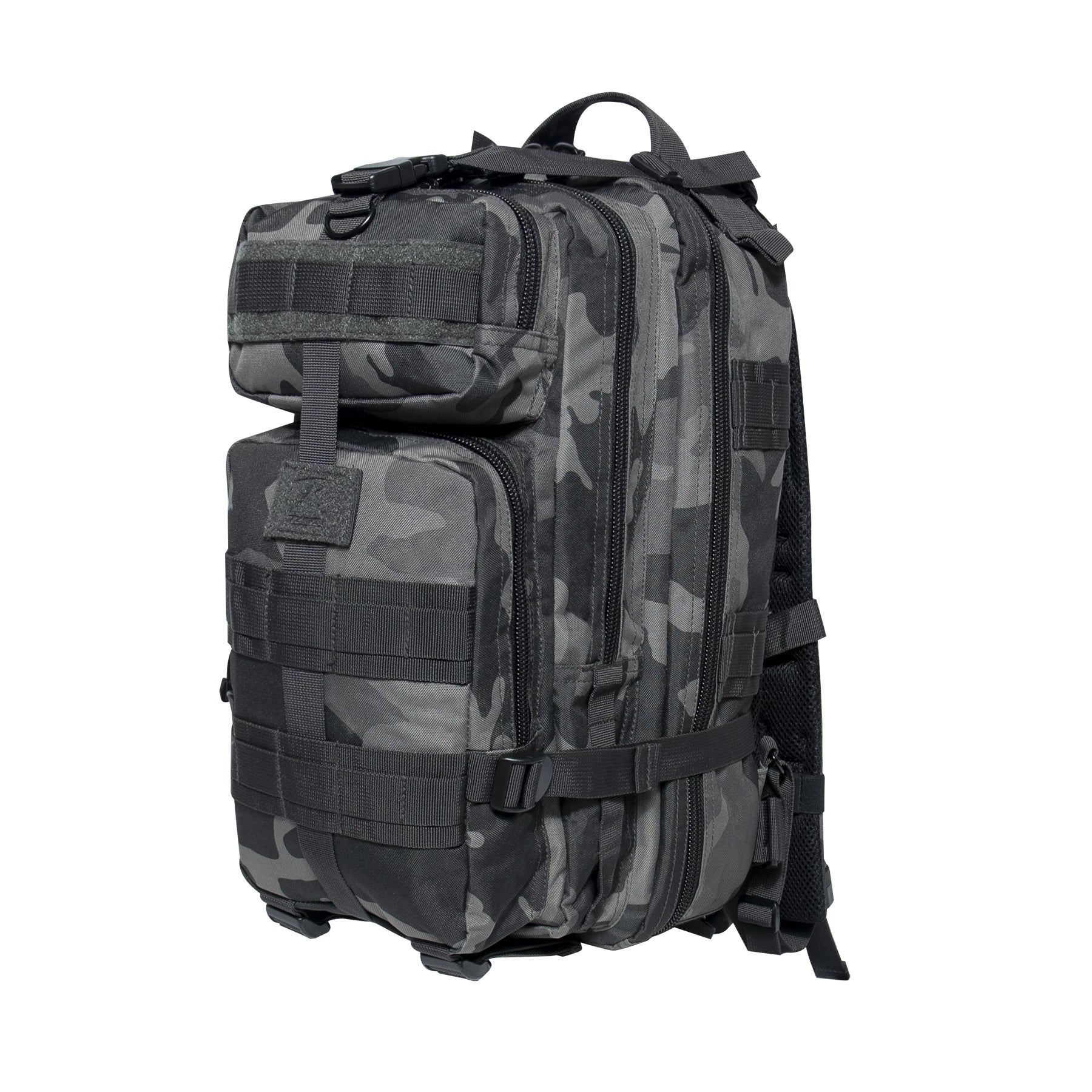 A tactical backpack in a dark gray and black camouflage pattern, featuring multiple zippered compartments, MOLLE webbing, and compression straps, shown against a plain white background.