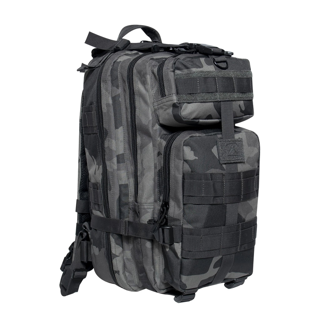 Camouflage backpack with multiple straps and zippers on a white background