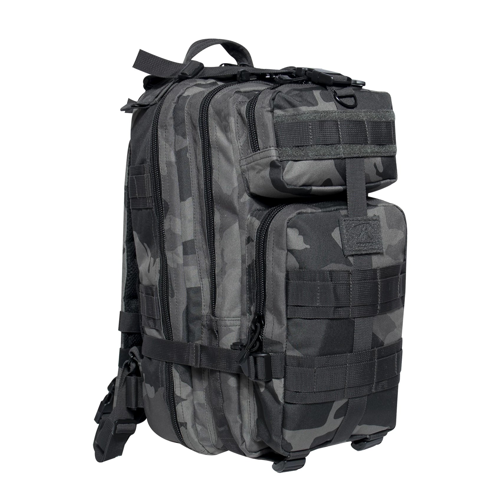Camouflage backpack with multiple straps and zippers on a white background