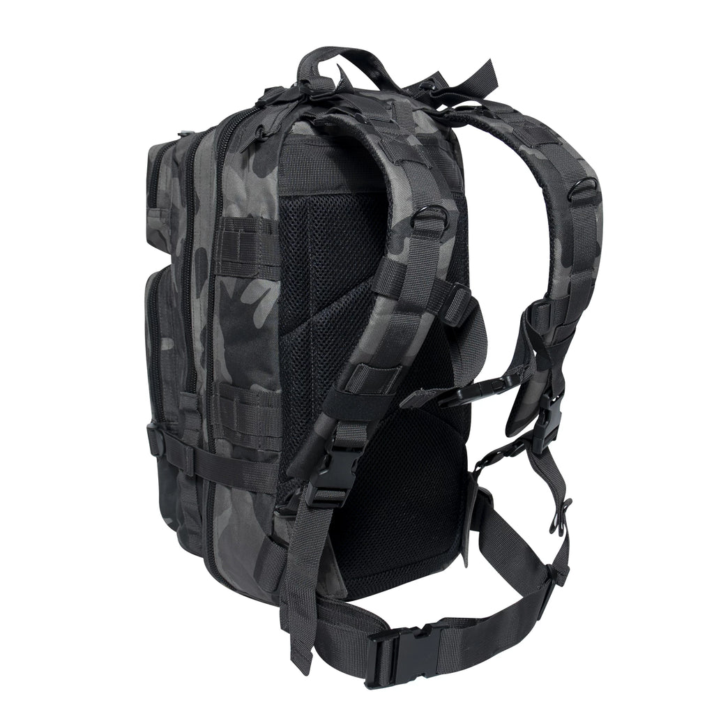 Black and gray camouflage backpack on a white background