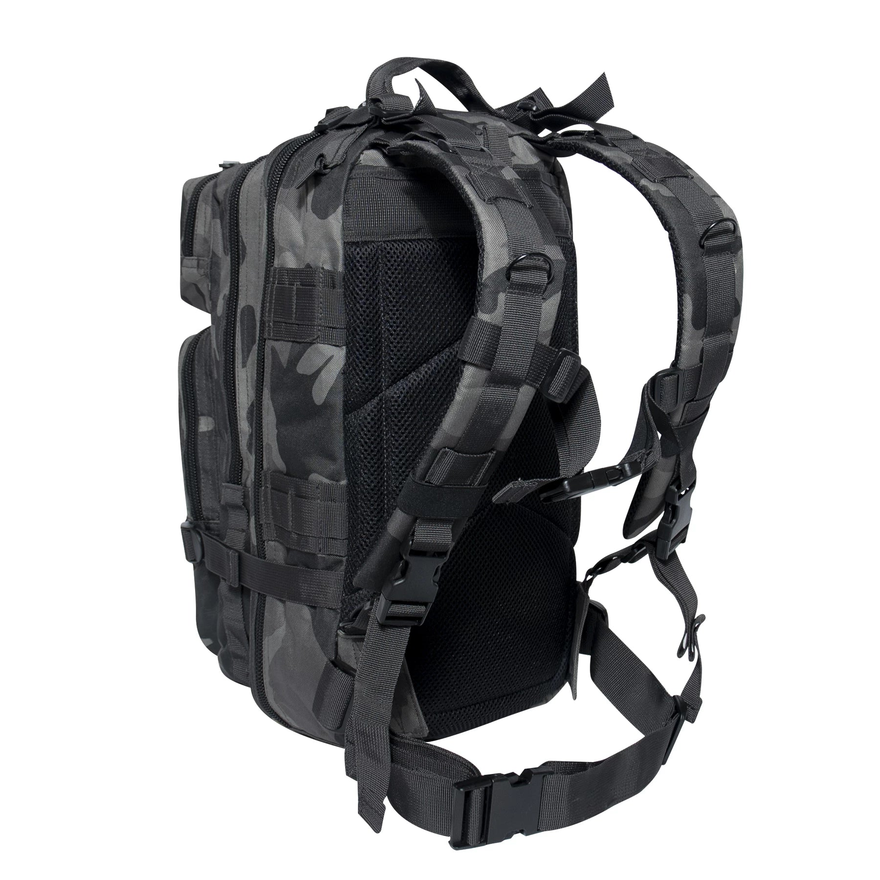 Black and gray camouflage backpack on a white background