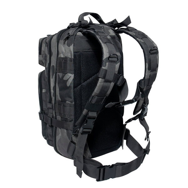 Rothco’s Medium Transport Tactical Backpack (Black Camo), rear view showing padded back and shoulder straps, side-release chest and waist straps, lifting handle and adjustable main straps with side-release buckles.