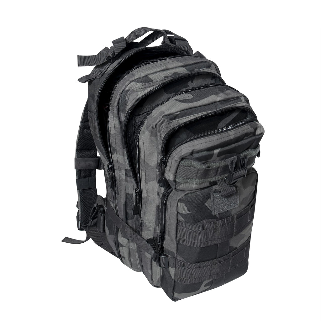 Black camouflage backpack on a white background