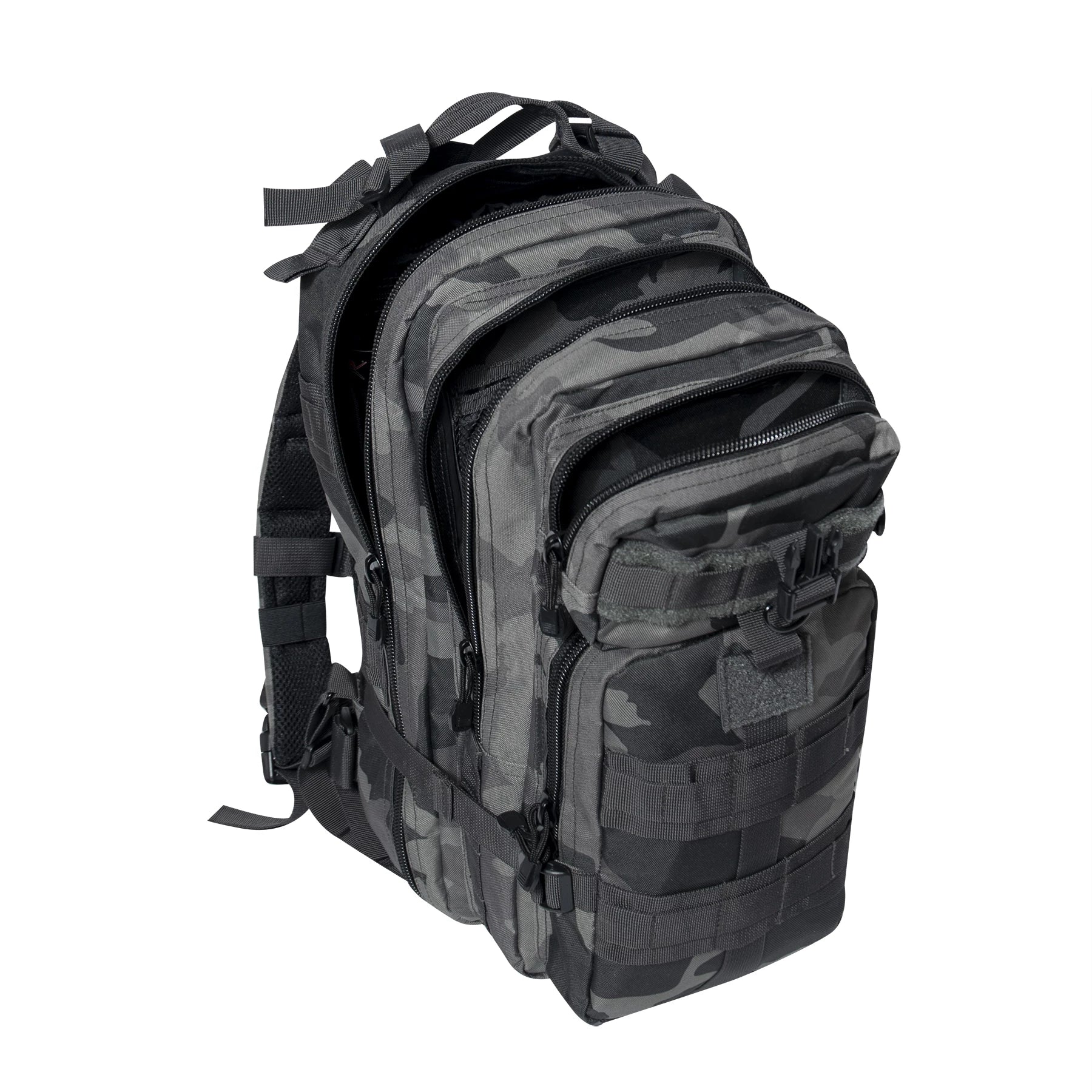 Black camouflage backpack on a white background