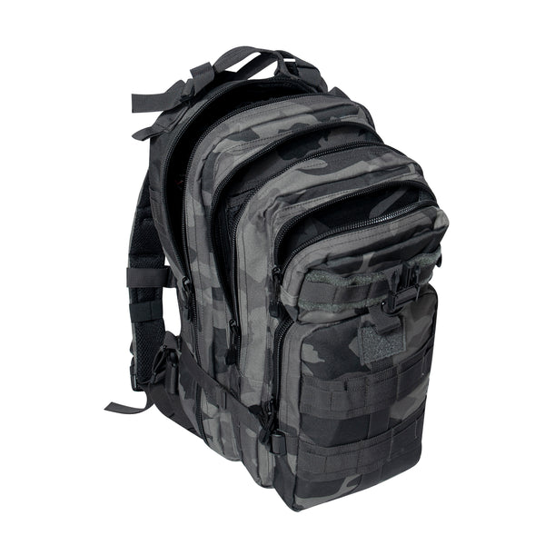 Rothco’s Medium Transport Tactical Backpack (Black Camo), oblique top view with several compartments open showing padded shoulder straps, lifting handle, the layering of compartments and the function of one of 2 depth expansion and securing straps.