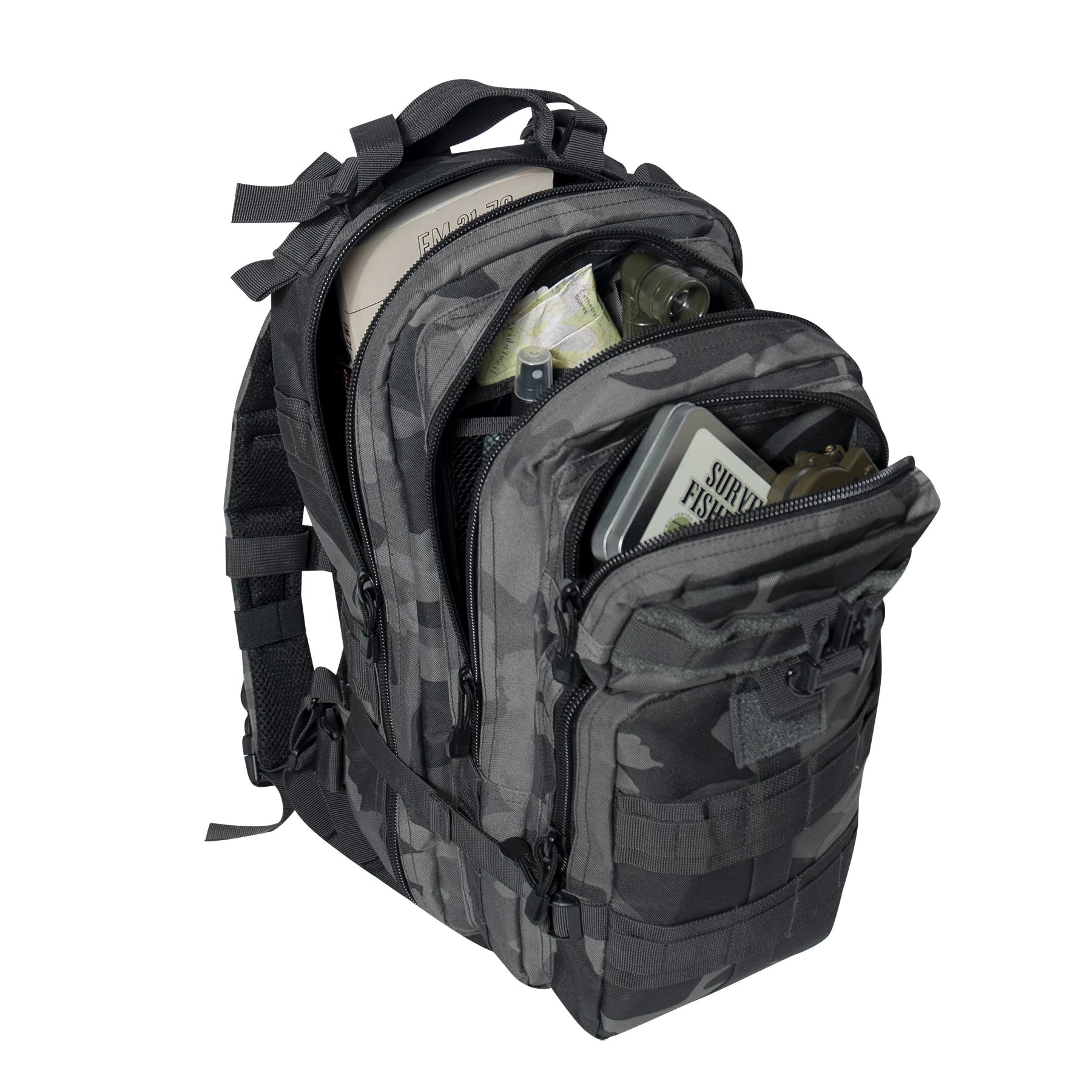 Gray camouflage backpack with various compartments on a white background