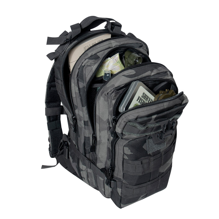 Rothco’s Medium Transport Tactical Backpack (Black Camo), oblique top view with several compartments open showing padded shoulder straps, lifting handle, the layering of compartments and the function of one of 2 depth expansion and securing straps.
