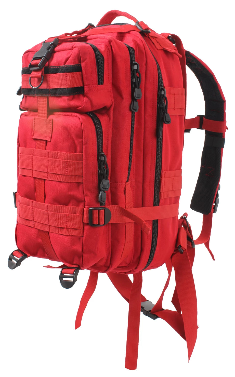 Red tactical backpack with black straps on a white background
