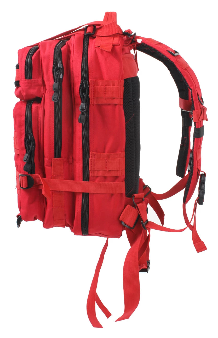 Red backpack with black straps on a white background