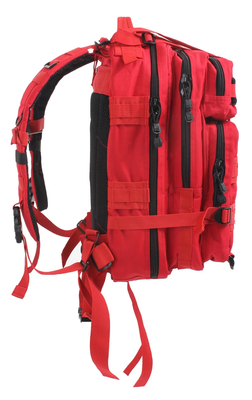 Red backpack with black straps on a white background