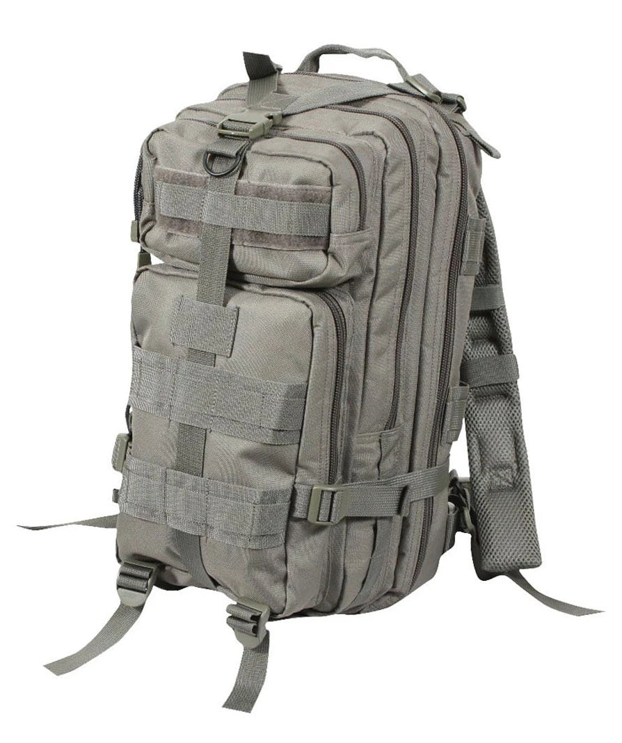 Gray tactical backpack on a white background