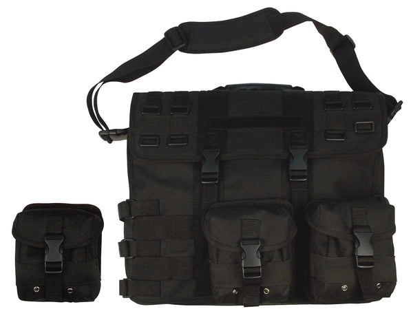 Rothco's MOLLE Tactical Laptop Briefcase Computer Bag (Invisible Black), front view showing padded carry handle and shoulder strap, weather flap with MOLLE strips and secured by adjustable straps with side release buckles, and 3 included MOLLE utility pouches with one pouch removed.