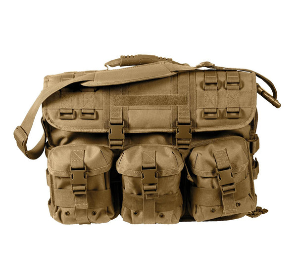 Rothco's MOLLE Tactical Laptop Briefcase Computer Bag (Coyote Brown), front view showing padded carry handle and shoulder strap, weather flap with MOLLE strips and secured by adjustable straps with side release buckles, and 3 included MOLLE utility pouches.