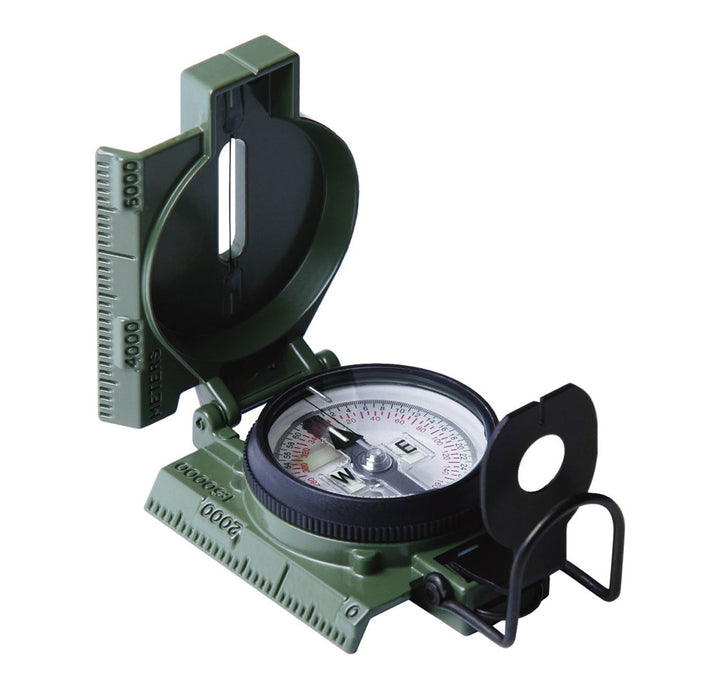Cammenga Military Phosphorescent Lensatic Compass, oblique view showing the dial, sighting system, thumb loop, foldable casing and map scales. Color: olive.