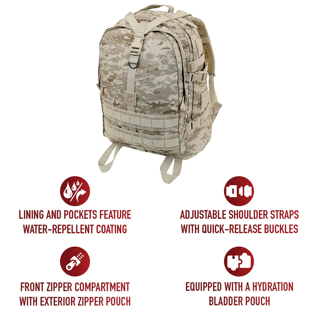Large Camo Transport Backpack, Desert Digital with Feature Descriptions