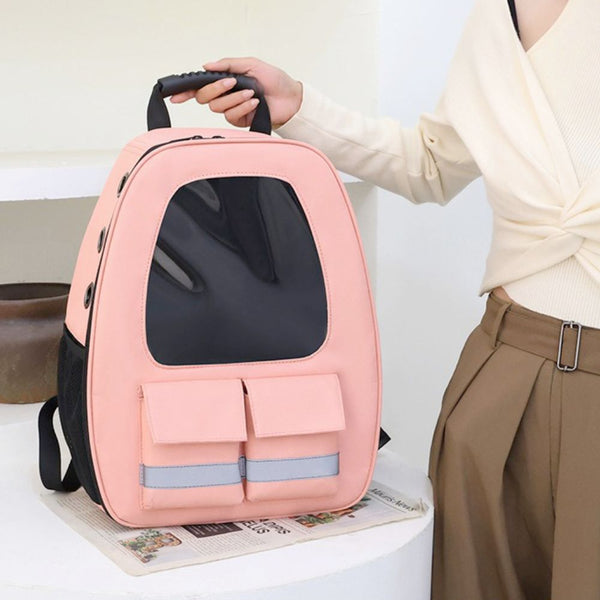 Pet Breathable Traveling Backpack (pink), showing size reference