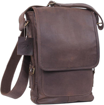 Rothco's Brown Leather Military Tech Travel Portfolio Messenger Bag, oblique front view showing shoulder sling and weather flap closed.