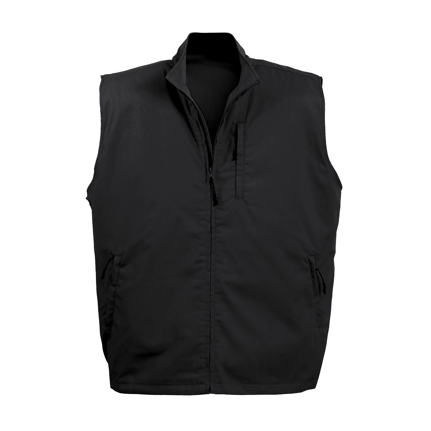 A black sleeveless zip-front vest with a stand collar, shown on a plain white background.