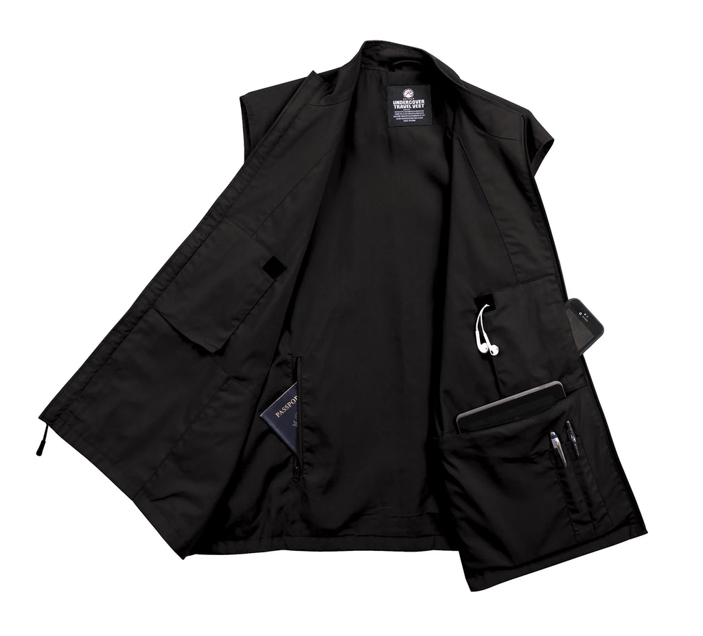 Black jacket with multiple pockets on a white background
