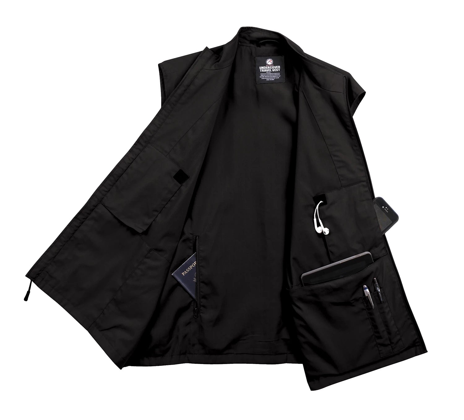 Black jacket with multiple pockets on a white background