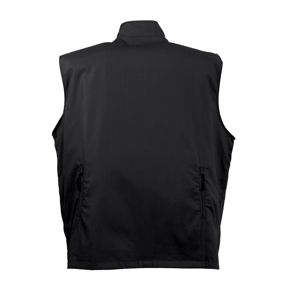 Black sleeveless zippered vest shown from the back, featuring a high collar and two vertical zippered pockets on the sides, photographed against a solid white background.