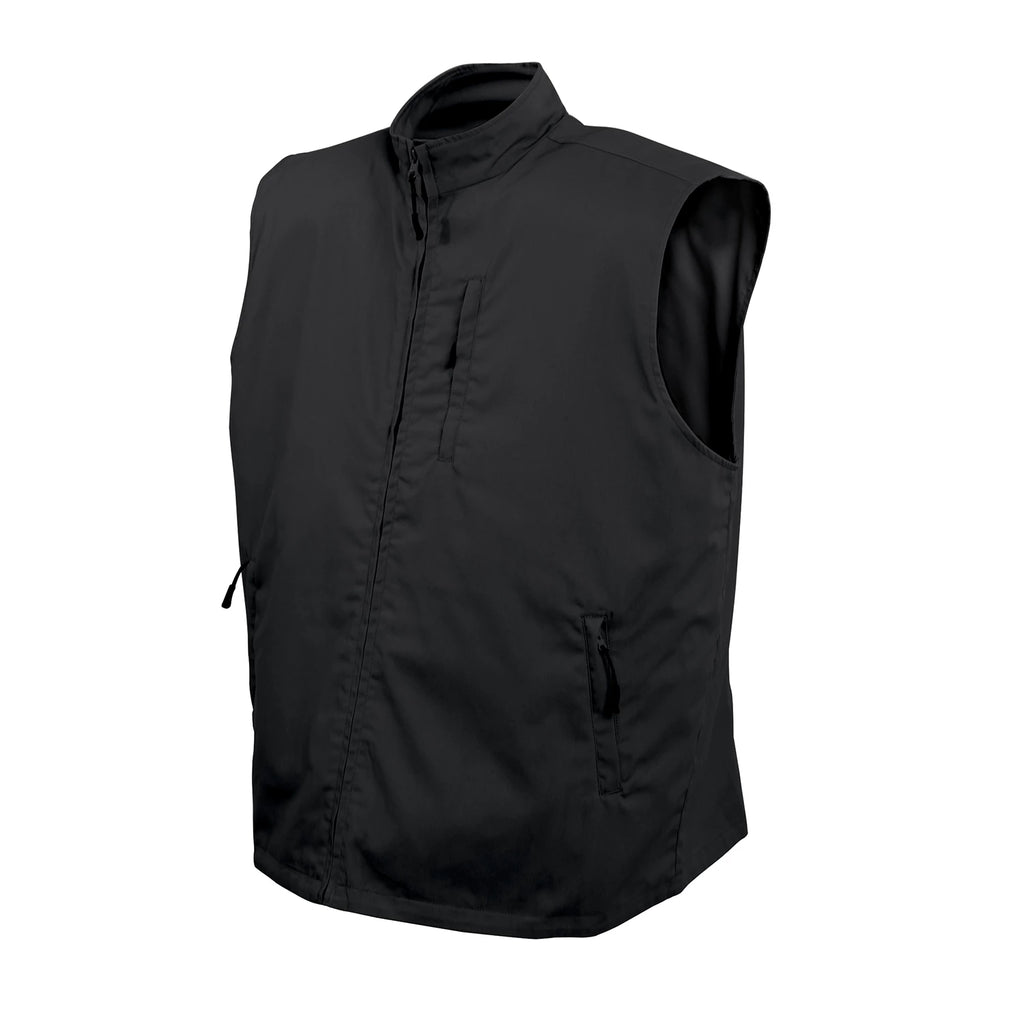 A black sleeveless zip-front vest with a stand collar, shown on a plain white background.