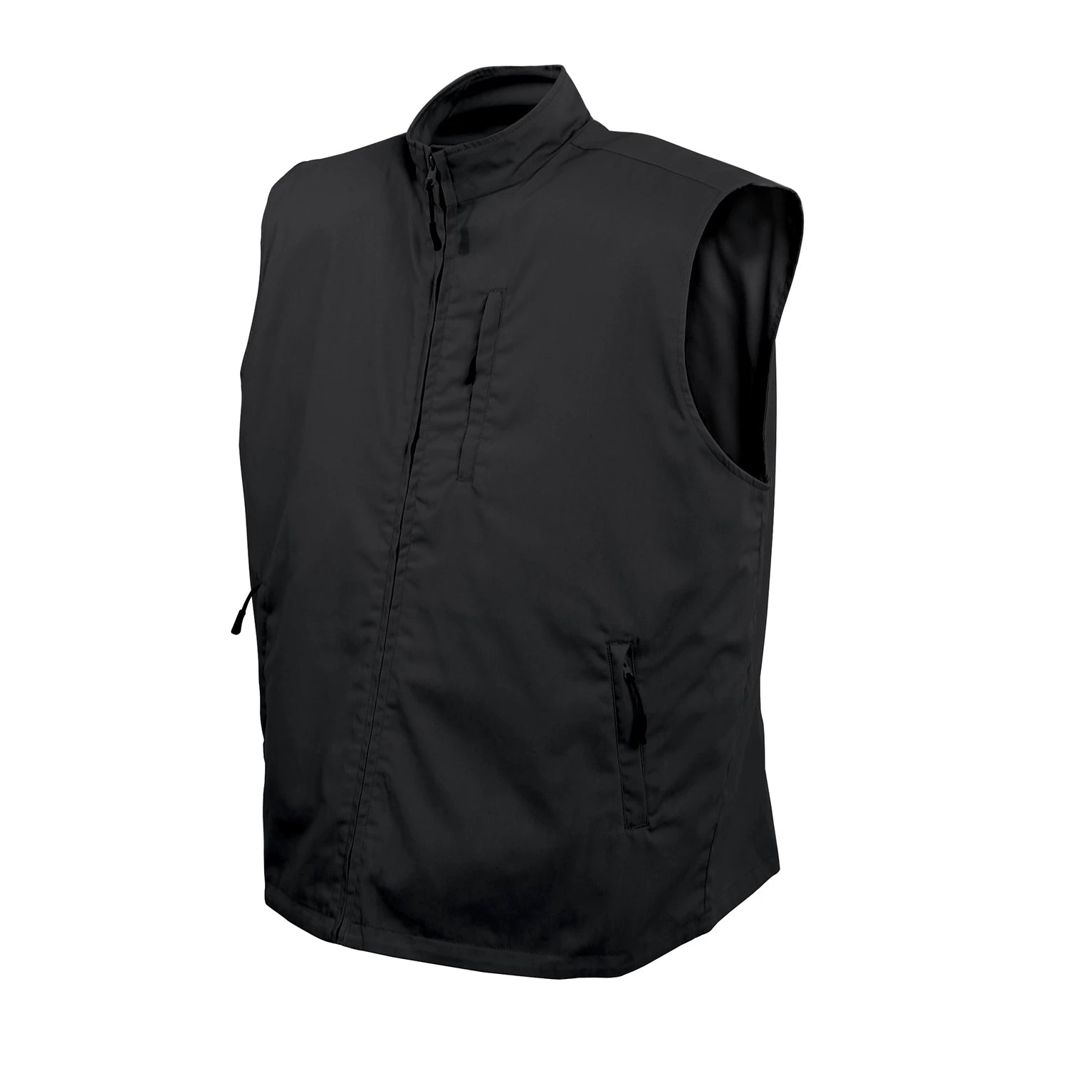 A black sleeveless zip-front vest with a stand collar, shown on a plain white background.