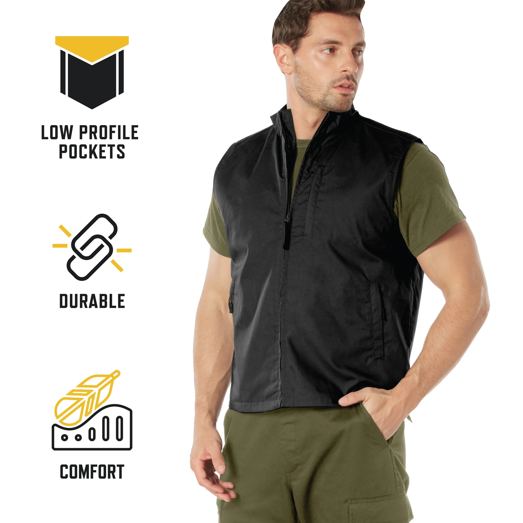 A man wearing a black sleeveless zip-front vest over an olive green shirt and matching green pants, standing against a white background with three feature callouts on the left: low profile pockets, durable construction, and comfort.