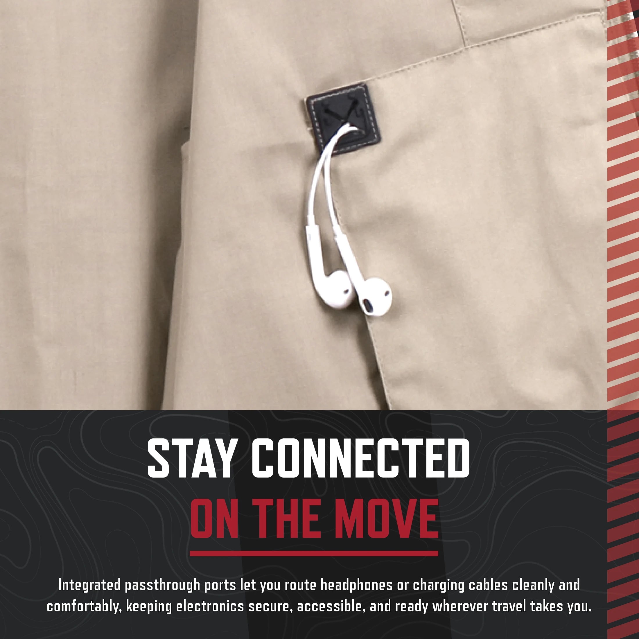 Close-up of beige pants with a black fabric loop holding white wired earbuds, plus marketing text reading 'STAY CONNECTED ON THE MOVE' and a small inset showing an integrated charging port.
