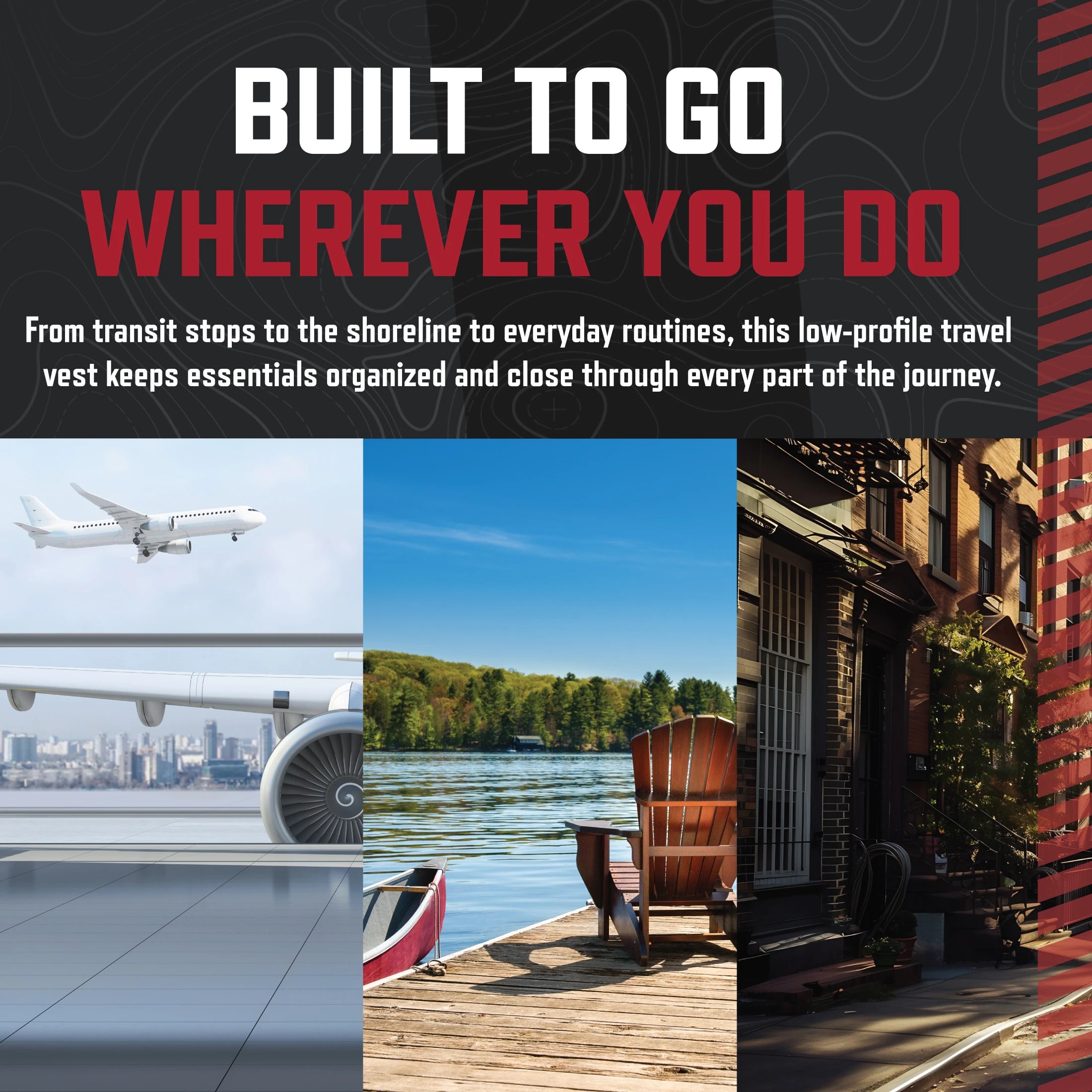 A travel vest promotional graphic with the text 'BUILT TO GO WHEREVER YOU DO' above a collage of travel scenes including an airplane, a lake dock with an Adirondack chair, and a city street.