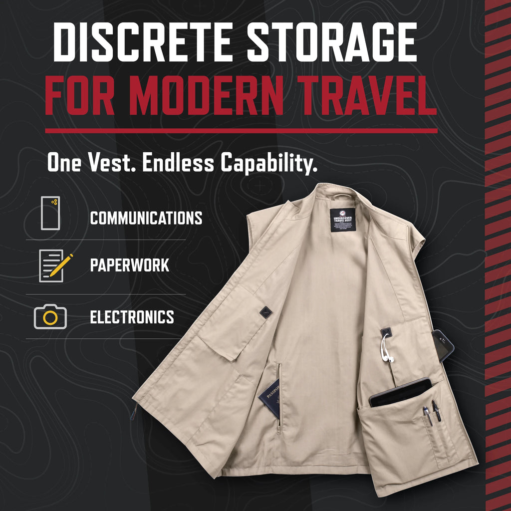 A beige utility vest with multiple zippered pockets and a black interior lining, shown on a dark promotional background with text reading 'DISCRETE STORAGE FOR MODERN TRAVEL' and icons for communications, paperwork, and electronics.