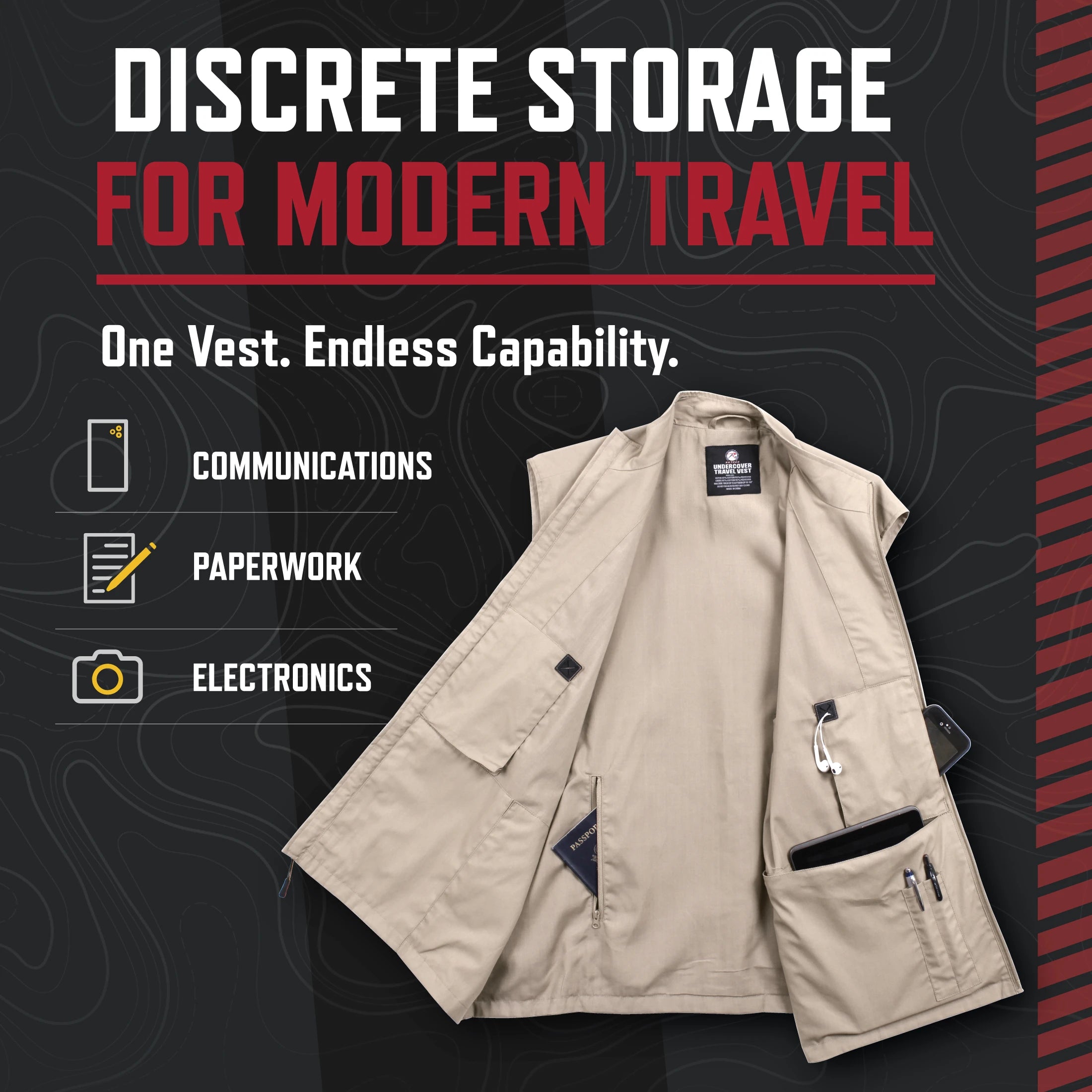 A beige utility vest with multiple zippered pockets and a black interior lining, shown on a dark promotional background with text reading 'DISCRETE STORAGE FOR MODERN TRAVEL' and icons for communications, paperwork, and electronics.