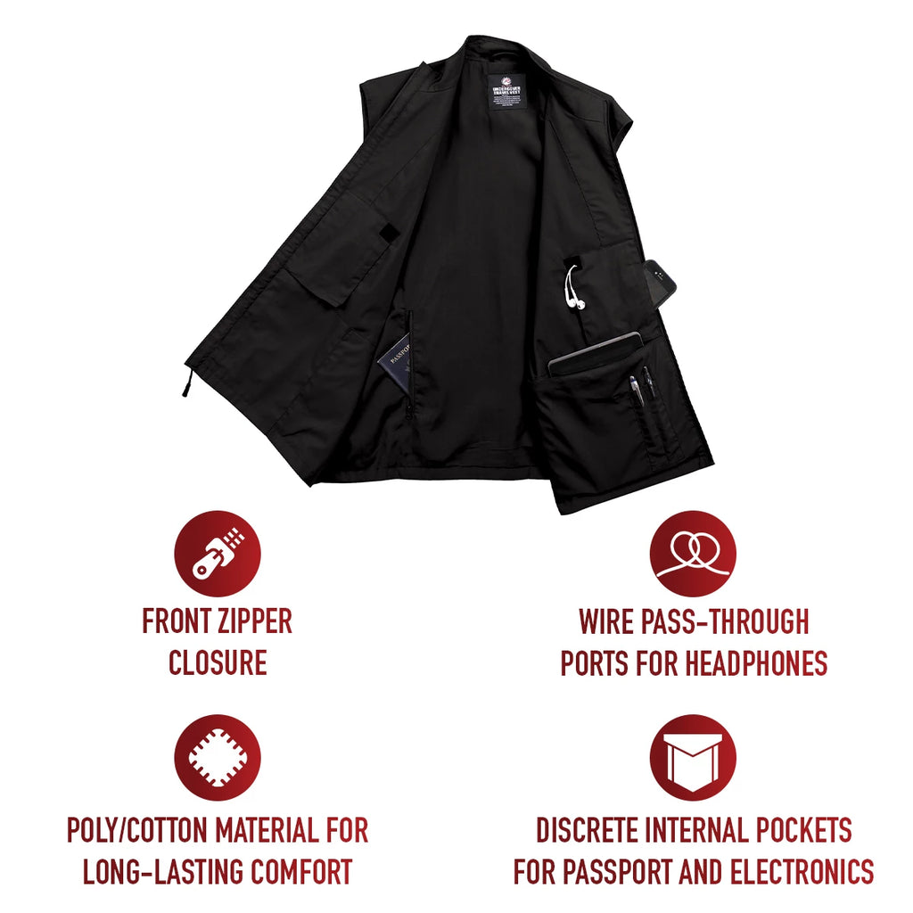 A black sleeveless utility vest with multiple zippered pockets and a front zipper closure, shown on a white background with four red informational icons and text highlighting features like front zipper closure, wire pass-through ports for headphones, poly/cotton material for long-lasting comfort, and discrete internal pockets for passport and electronics.