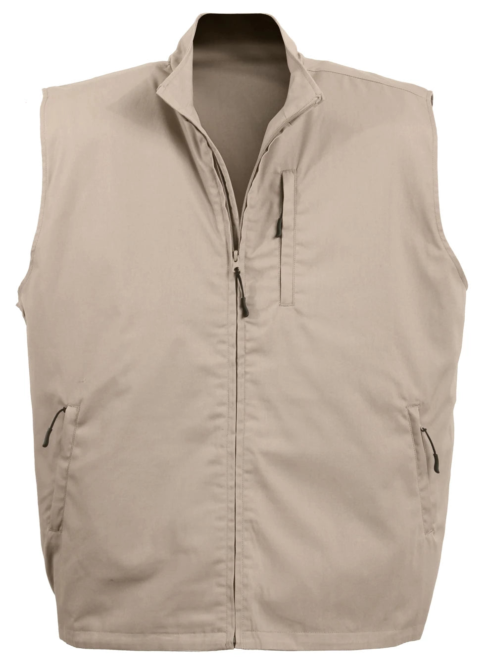A beige zip-up vest with a stand-up collar, zippered chest pocket, and side pockets, shown against a plain white background.