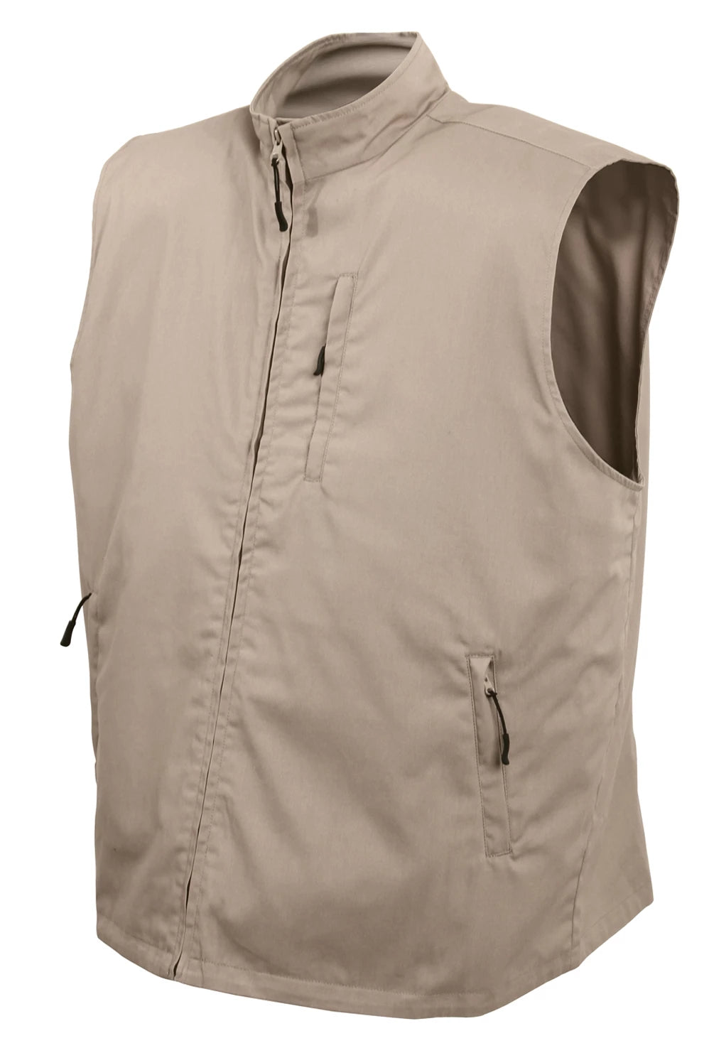 A beige zip-up vest with a stand-up collar, shown on a plain white background.