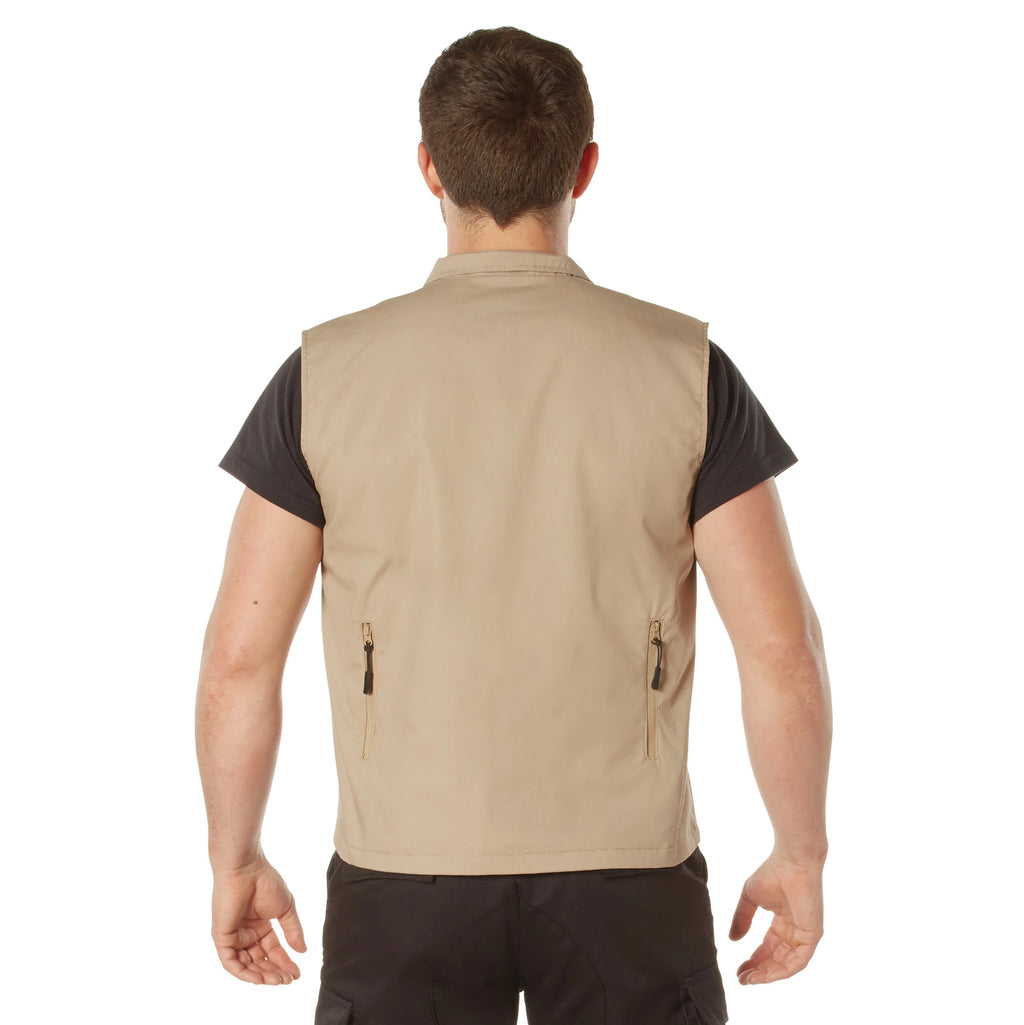 Man wearing a beige vest on a white background