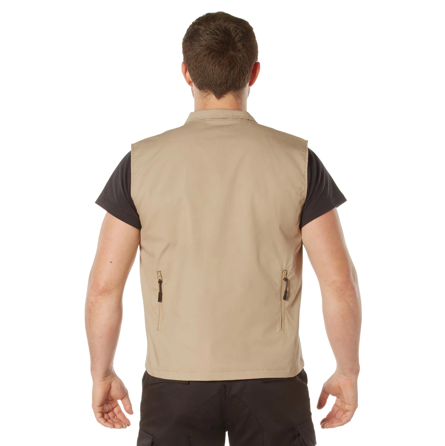 Man wearing a beige vest on a white background