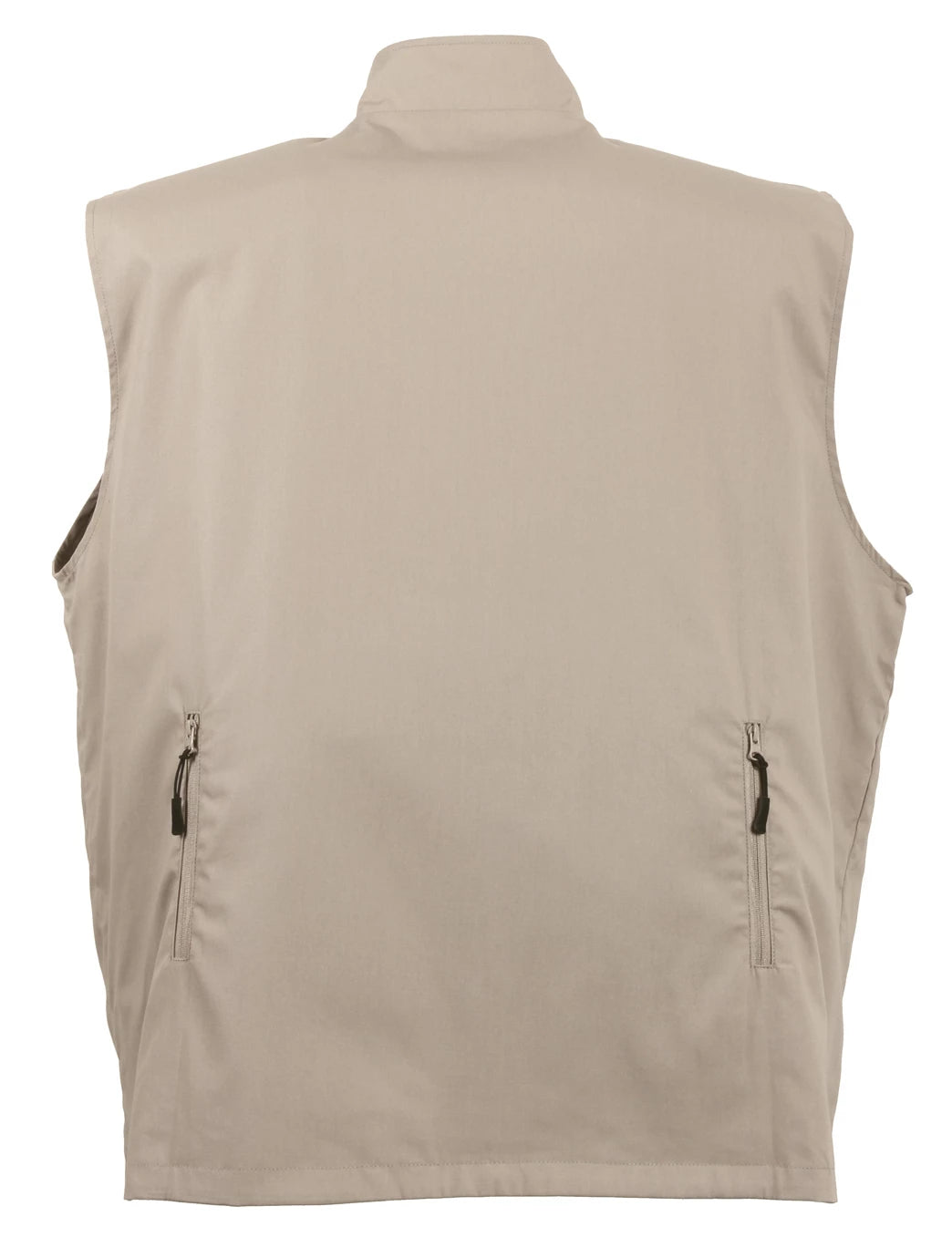 A beige sleeveless zippered vest shown from the back, featuring a high collar and two vertical zippered pockets on the lower back, photographed against a plain white background.