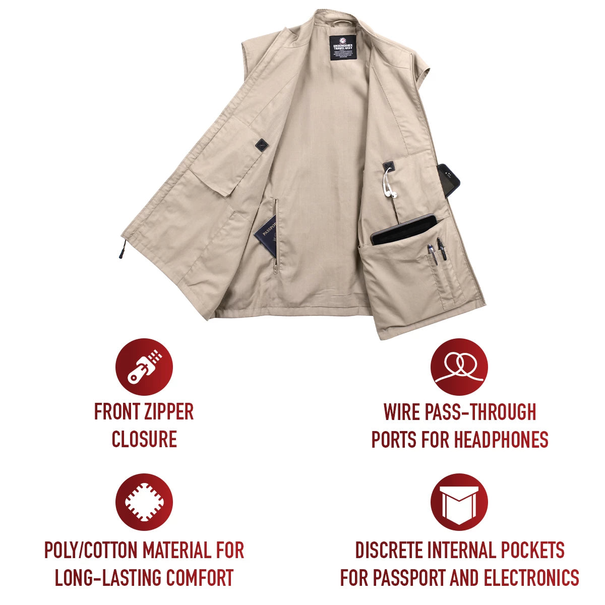 A beige utility vest with multiple pockets and zippered details, shown on a white background with four red informational icons and text highlighting features like front zipper closure, wire pass-through ports for headphones, poly/cotton material for long-lasting comfort, and discrete internal pockets for passport and electronics.