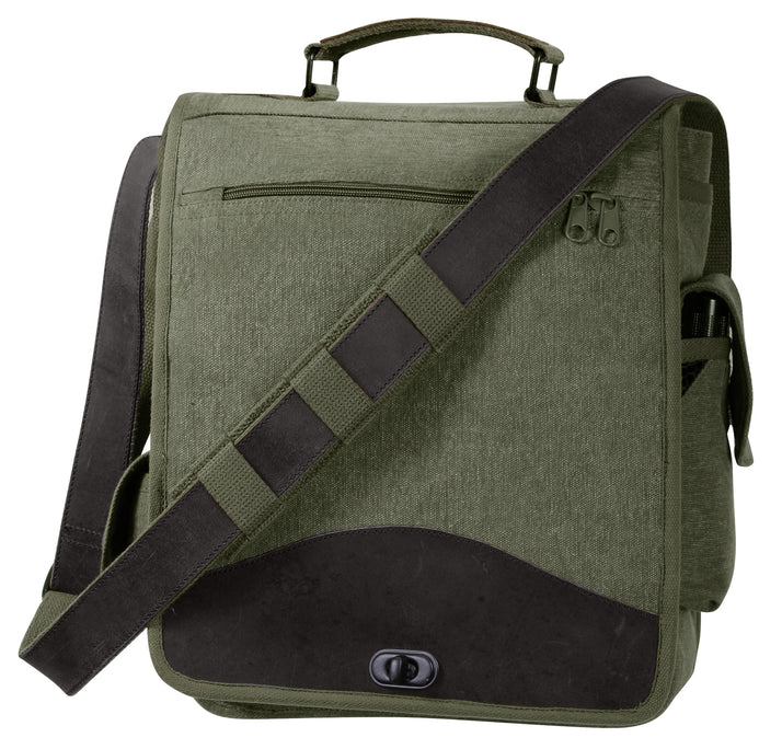 Rothco's Vintage M-51 Engineer's / Birdwatching Bag (Olive), front view in the closed configuration showing top handle, detachable shoulder sling, main weather flap with zippered compartment and brass closure, side pockets and leather accents.