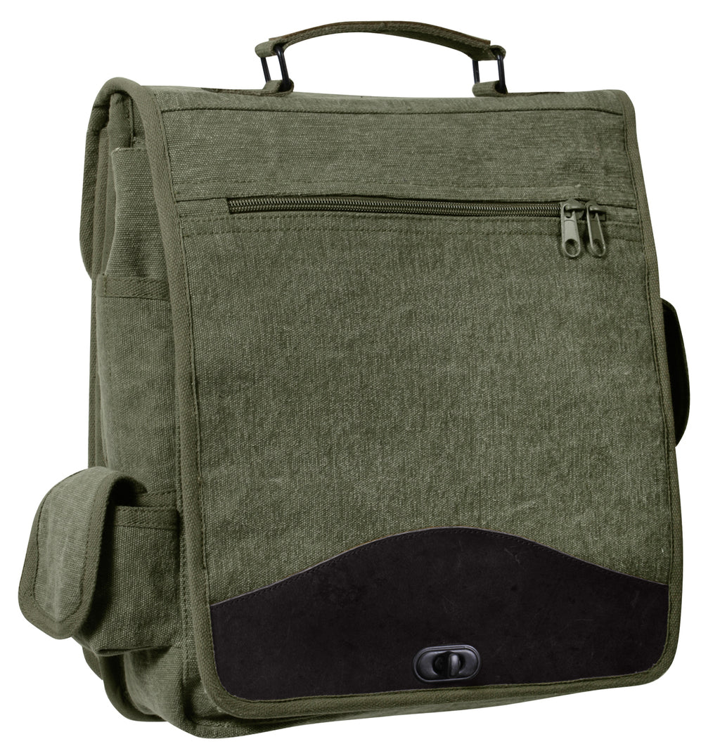 Rothco's Vintage M-51 Engineer's / Birdwatching Bag (Olive), front view in the closed configuration with the detachable shoulder sling removed showing top handle, main weather flap with zippered compartment and brass closure, side pockets and leather accents.