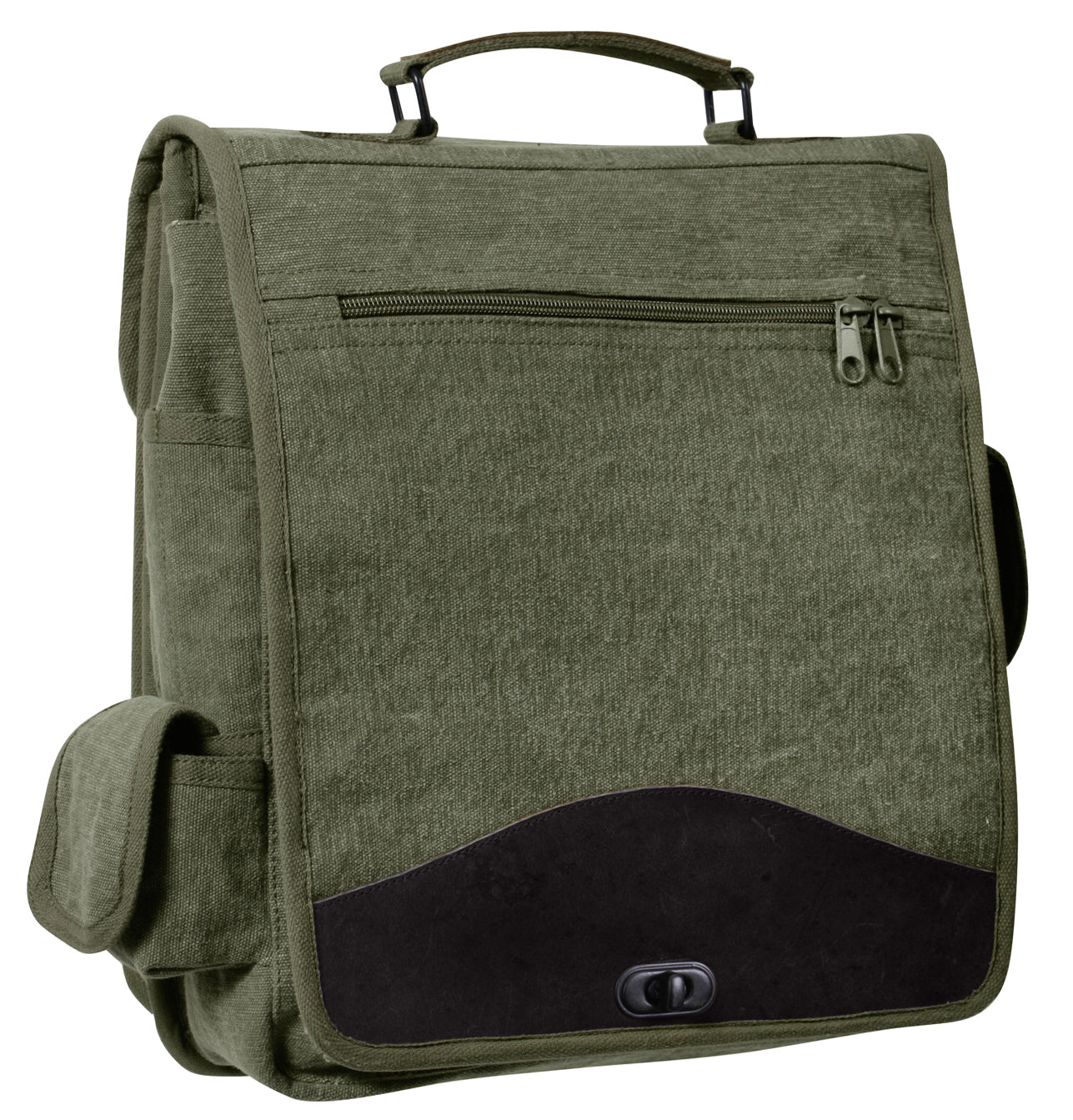 Rothco's Vintage M-51 Engineer's / Birdwatching Bag (Olive), front view in the closed configuration with the detachable shoulder sling removed showing top handle, main weather flap with zippered compartment and brass closure, side pockets and leather accents.