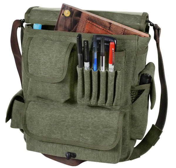 Rothco's Vintage M-51 Engineer's / Birdwatching Bag (Olive), front view in the opened configuration showing main compartment, covered utility pockets, pen loops, side pockets and detachable shoulder sling.