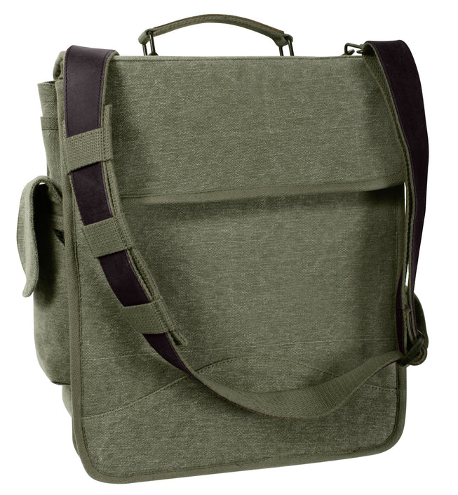 Rothco's Vintage M-51 Engineer's / Birdwatching Bag (Olive), rear view in the closed configuration showing top handle, detachable shoulder sling, side pockets and leather accents.