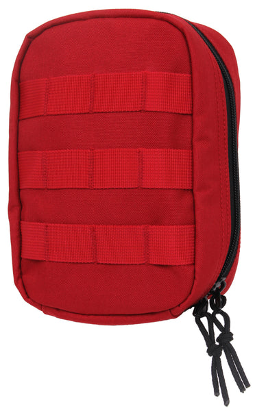 Rothco's MOLLE Tactical Trauma First Aid EMS Medical Kit (red), front view showing the 3 rows of MOLLE webbing for the attachment of additional supplies (not included).