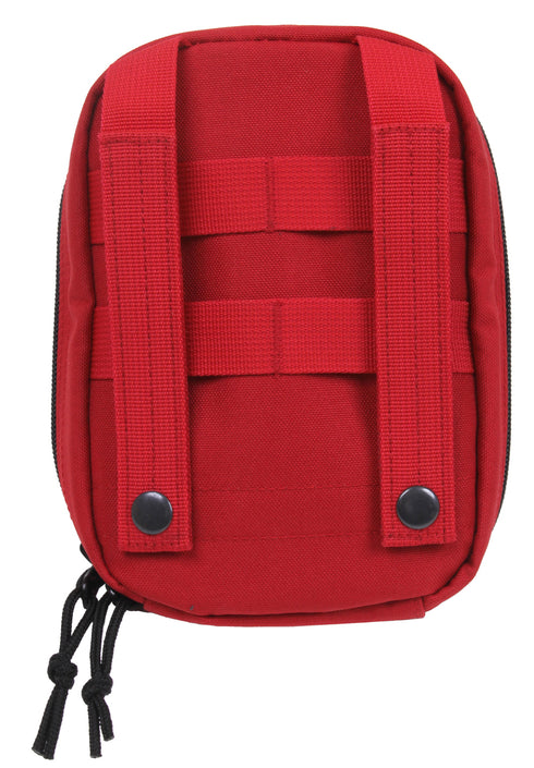 Rothco's MOLLE Tactical Trauma First Aid EMS Medical Kit (red), rear view showing the MOLLE compatible belt straps and elastic utility loops.