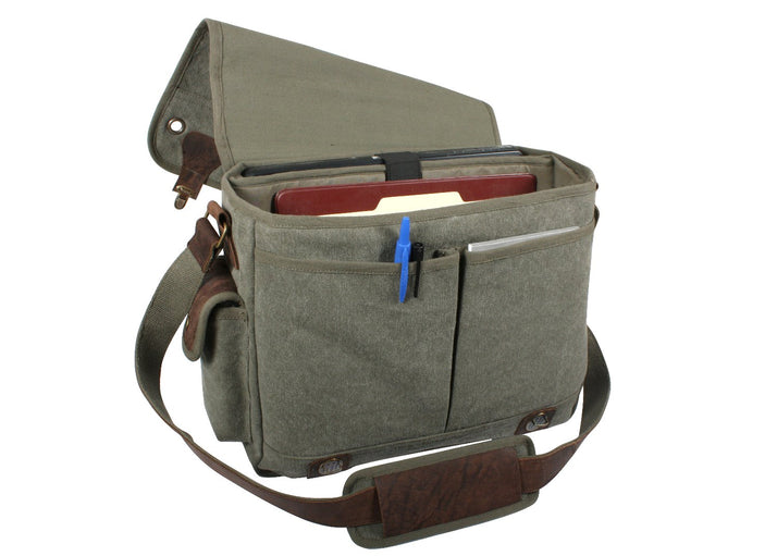 Rothco's Trailblazer Laptop Case Shoulder Bag (Olive), front view in the open configuration showing the Laptop Sleeve with Securing Strap; 2 Front Pockets under the Main Weather Flap and Side Snap Pocket with its own small Weather Flap.